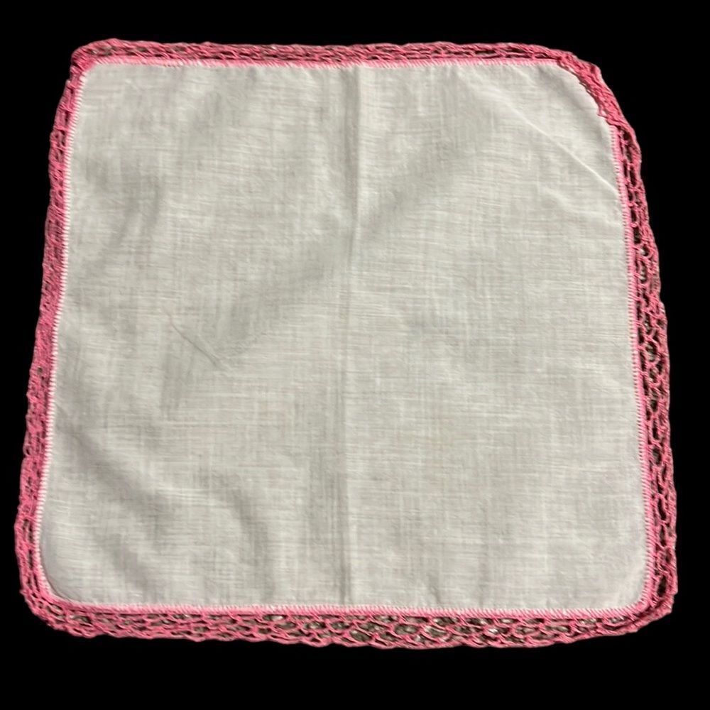 Vintage Handkerchief White Pink Crocheted Edge Square 11" Cotton Hankie
